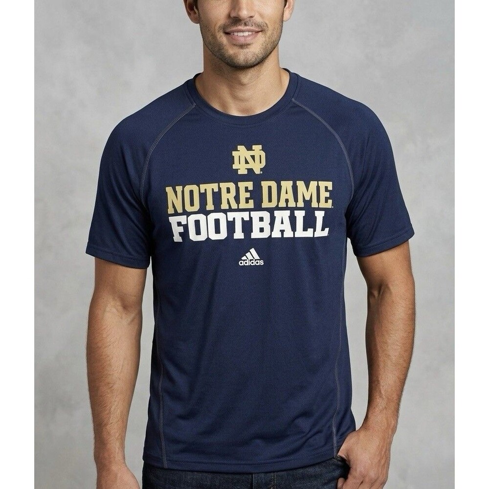 Adidas Notre Dame Football Climalite Shirt Navy Blue Graphic Tee Mens L NWOT
